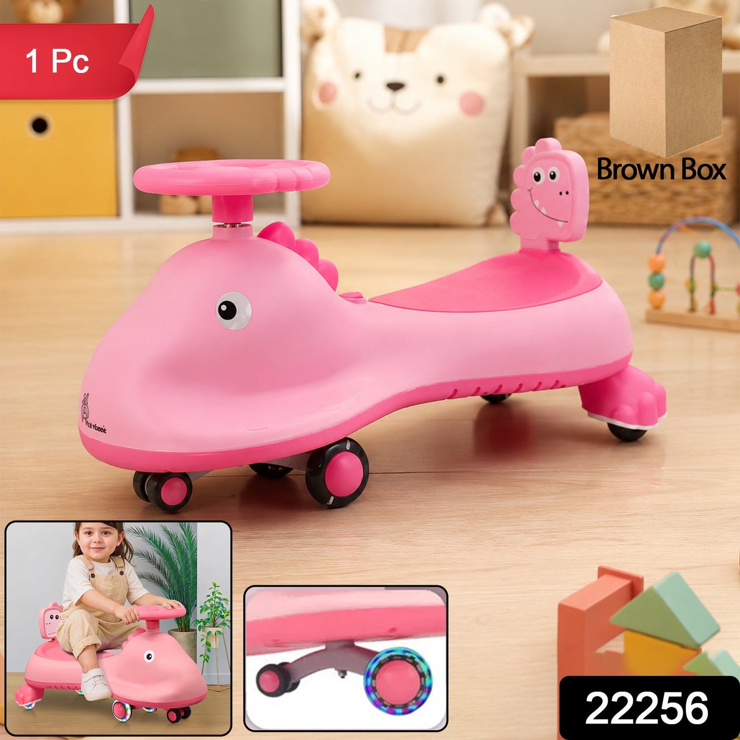 Pink shark-themed kids swing car ride-on toy with music, featuring a twist design for active play by Wukusy.