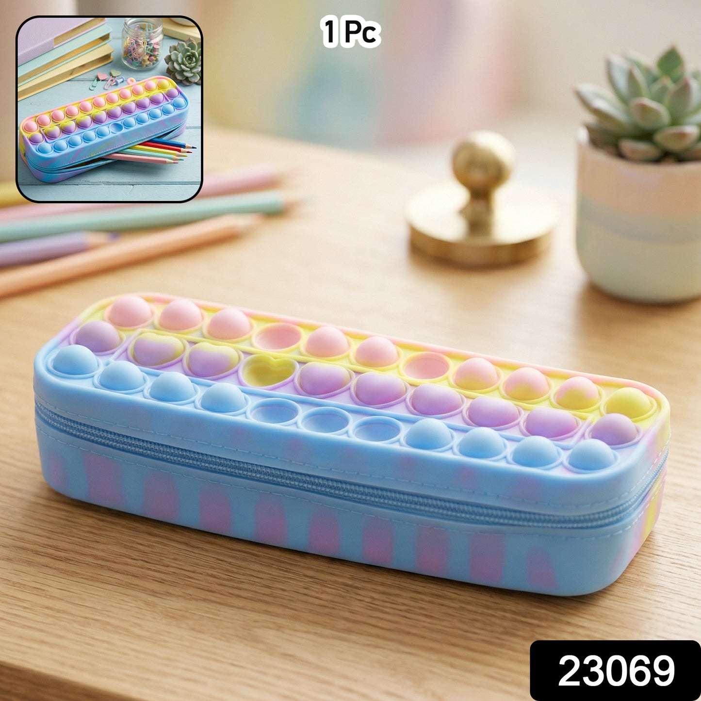 Wukusy Pop It silicone pencil pouch with zipper, colorful and flexible storage case for pens and stationery items.