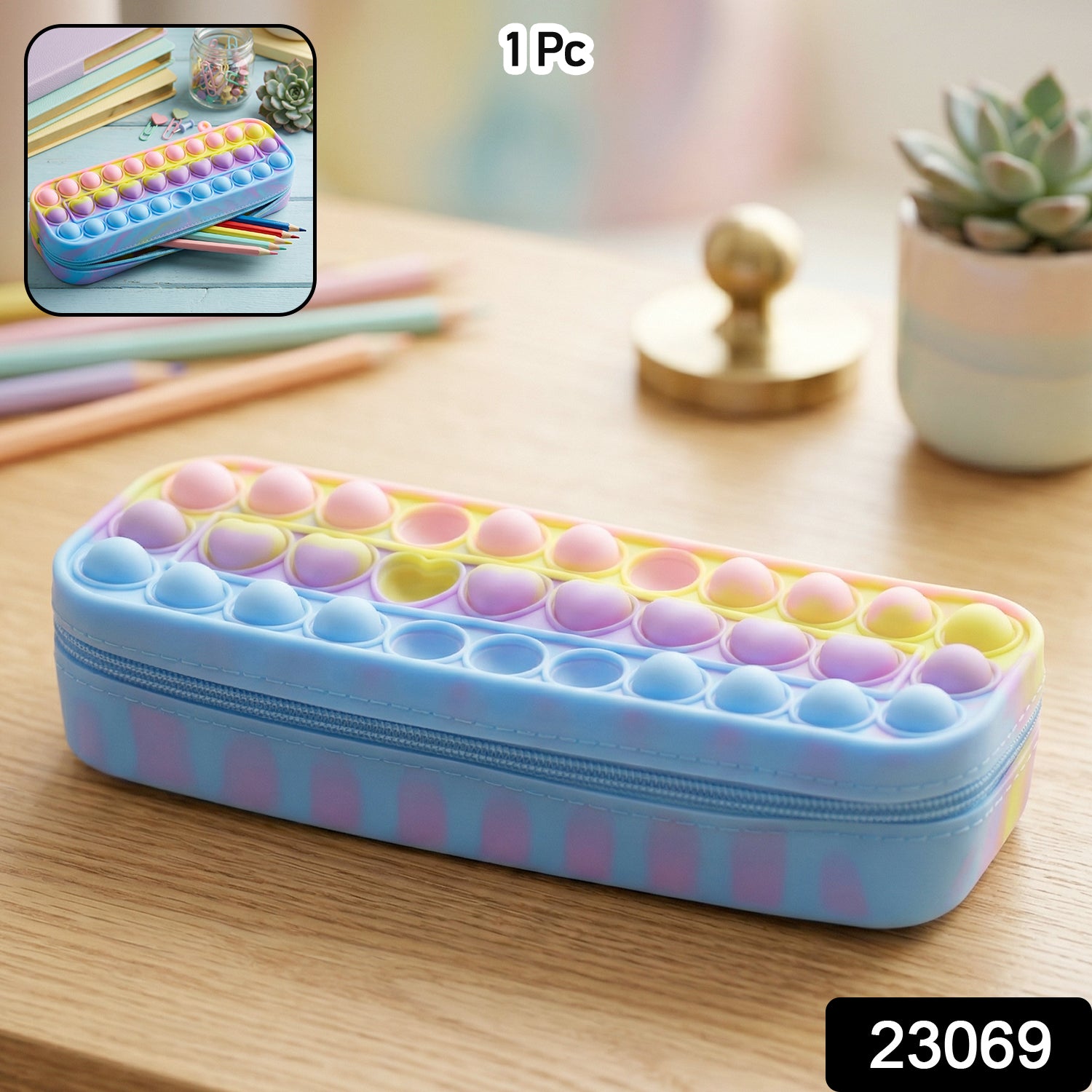 Wukusy Pop It silicone pencil pouch with zipper, colorful and flexible storage case for pens and stationery items.