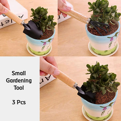 Wukusy complete gardening tool kit with trowel, pruners, and hand rake arranged on a wooden surface for gardening tasks