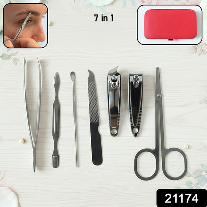 Wukusy 7-in-1 stainless steel manicure and pedicure grooming kit with various tools for nail care and grooming.