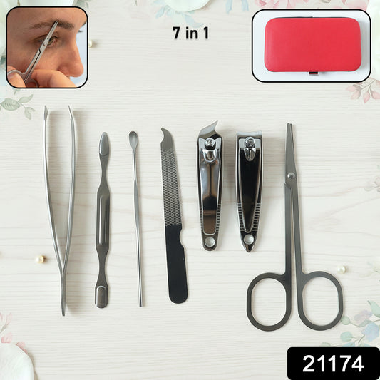 Wukusy 7-in-1 stainless steel manicure and pedicure grooming kit with various tools for nail care and grooming.