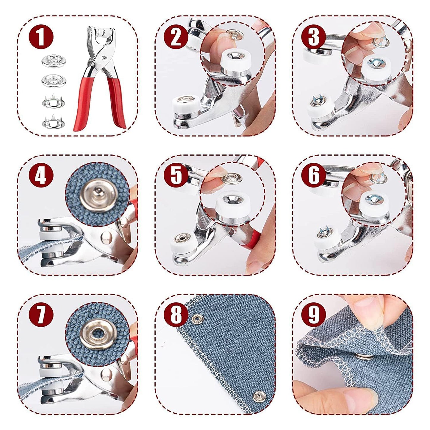 Wukusy heavy duty snap button fastener plier tool kit with multiple components for attaching snap buttons on fabric and leather.