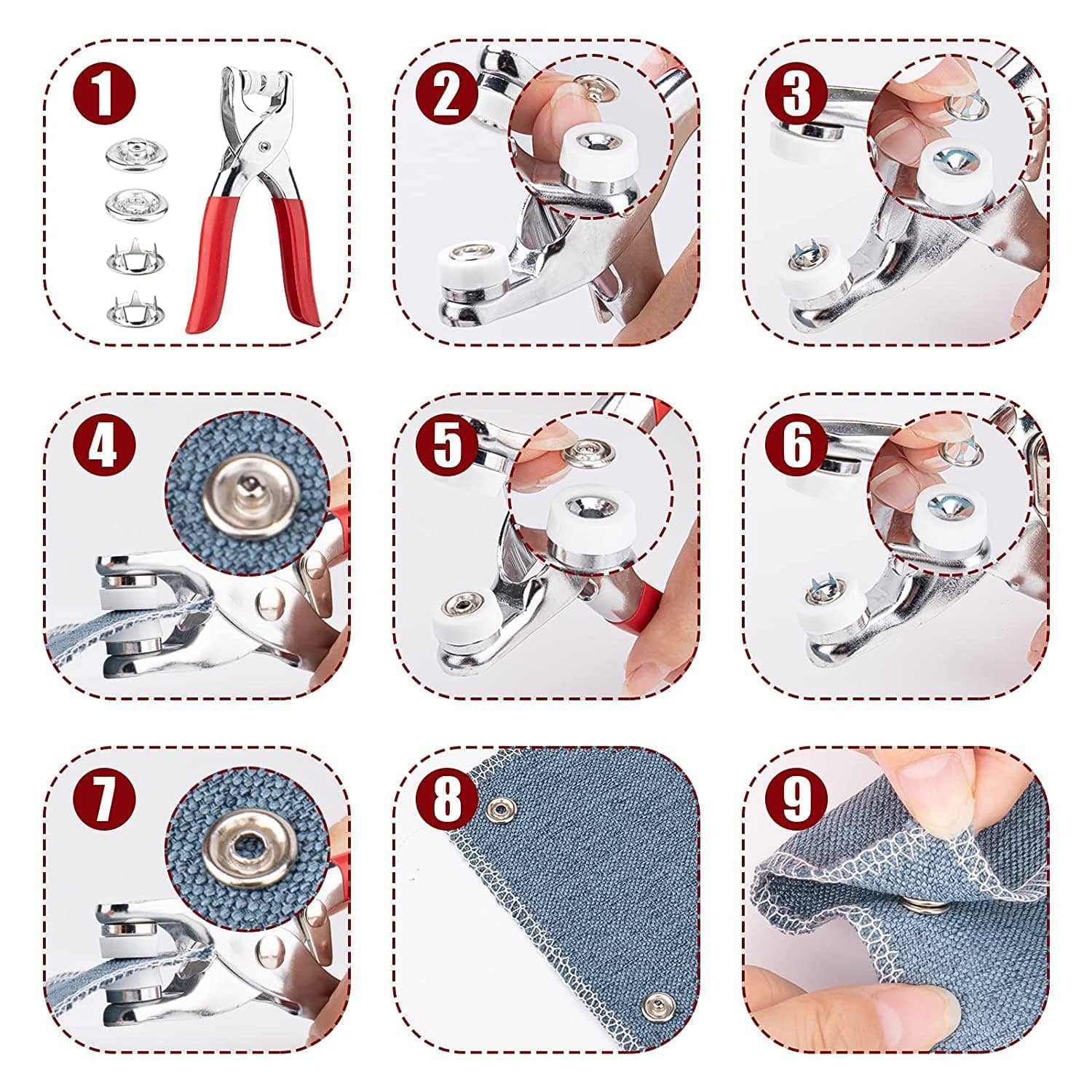 Wukusy heavy duty snap button fastener plier tool kit with multiple components for attaching snap buttons on fabric and leather.