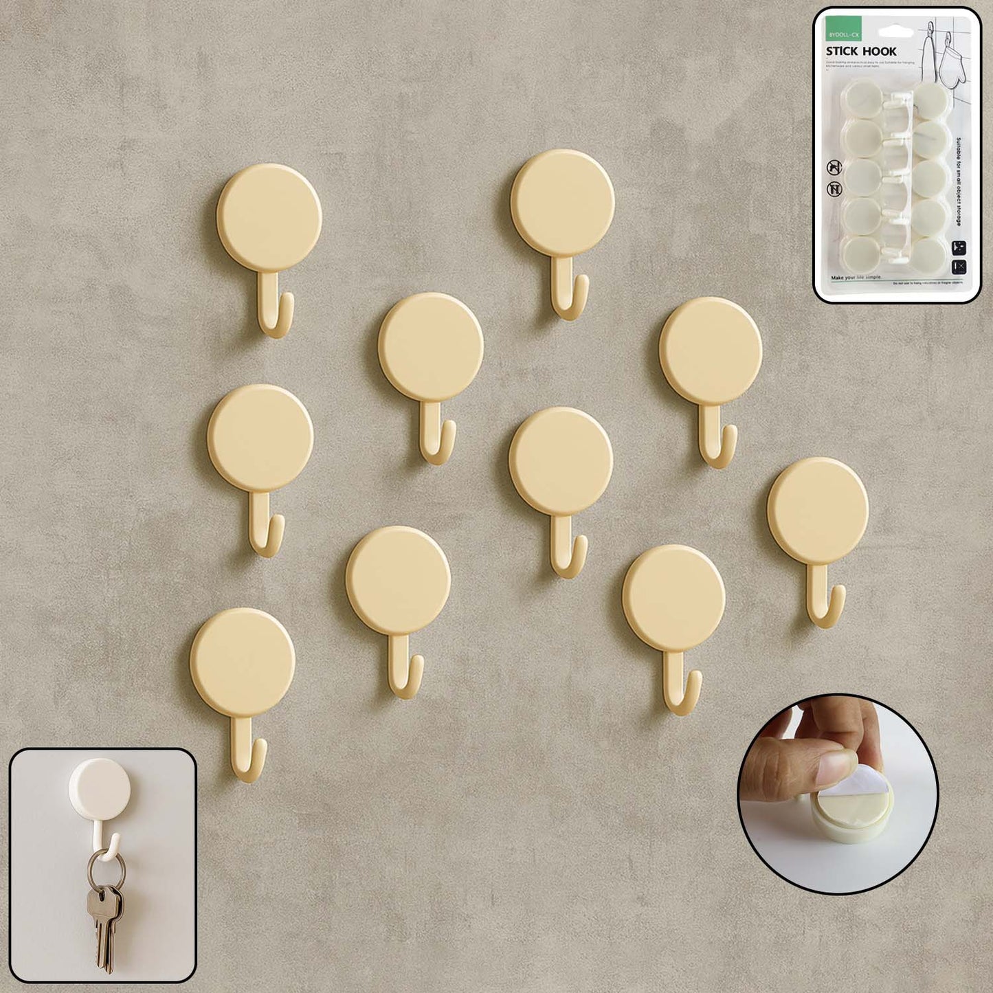 Set of 10 Wukusy self-adhesive round wall hooks mounted on a wall for home organization and hanging items.