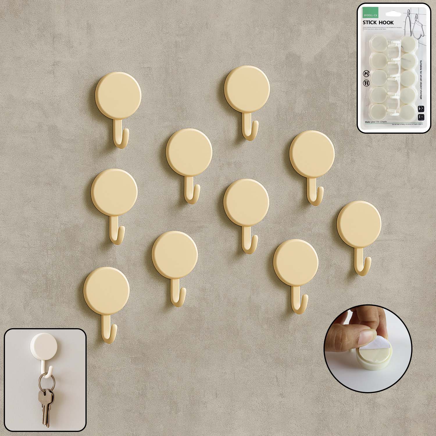 Set of 10 Wukusy self-adhesive round wall hooks mounted on a wall for home organization and hanging items.