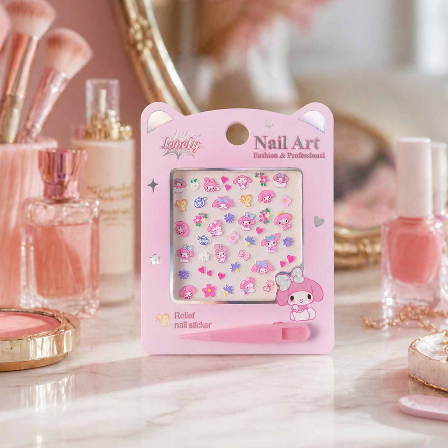 Cute cartoon nail art sticker set by Wukusy featuring colorful, playful designs for creative nail decorating.
