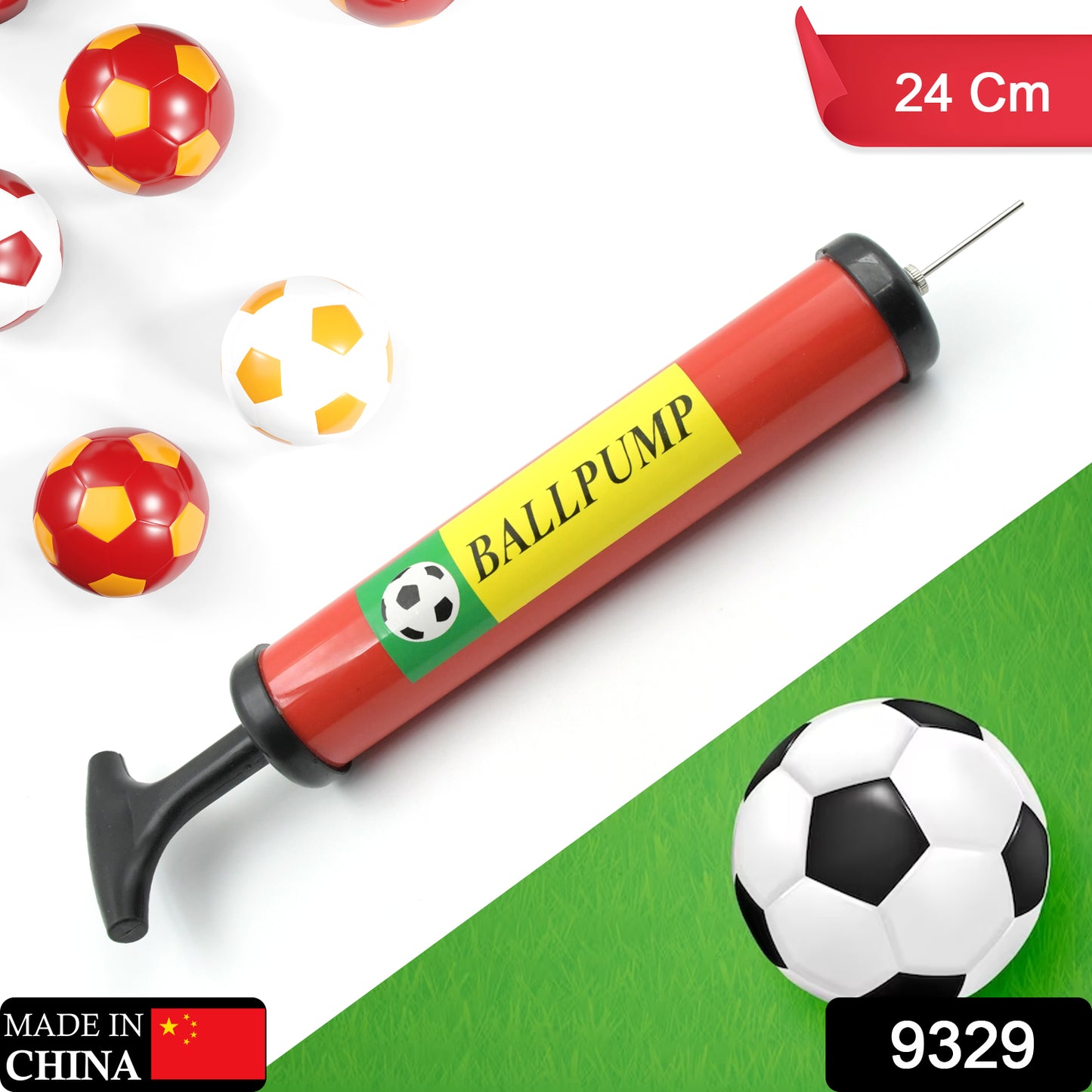 Wukusy inflator air ball pump with soft bouncing ball for kids, suitable for soccer, basketball, football, volleyball, 24 cm plastic toy