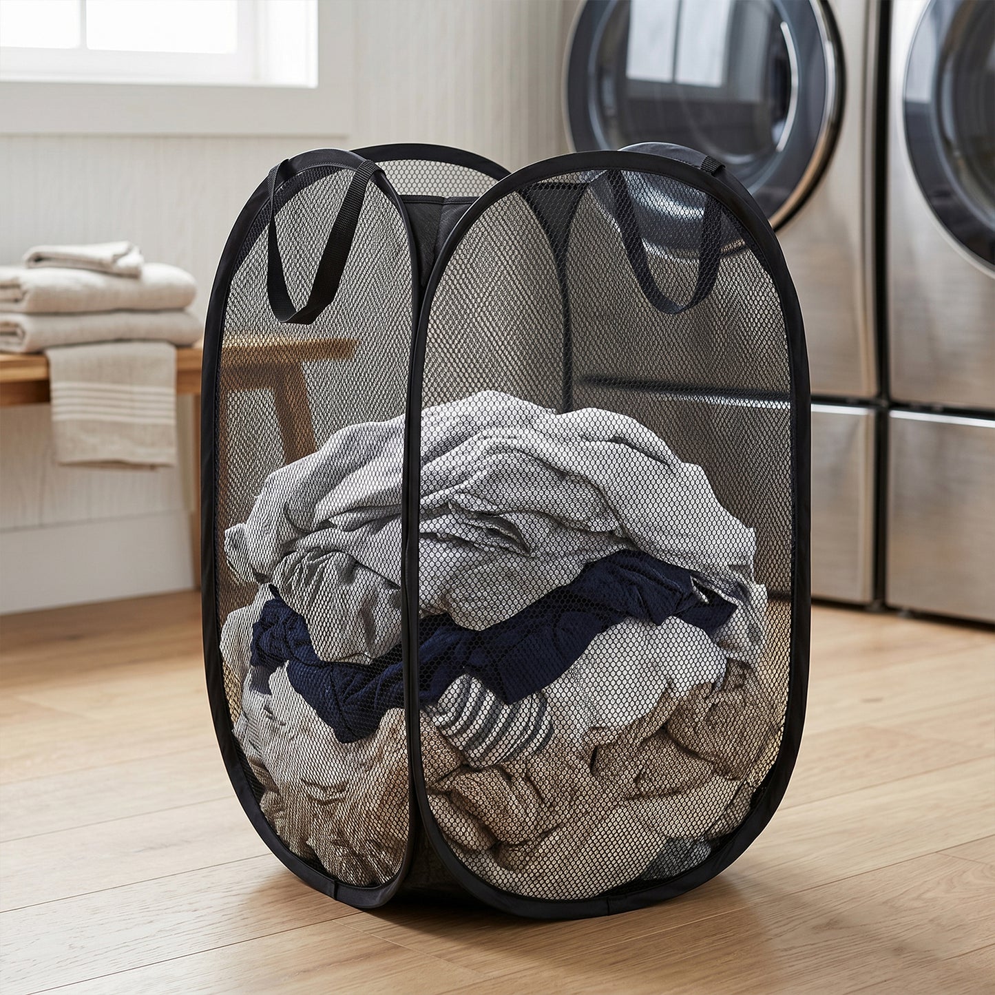 Wukusy foldable mesh laundry basket storage hamper bag, 34x34x57 cm, with breathable mesh design for easy laundry organization.