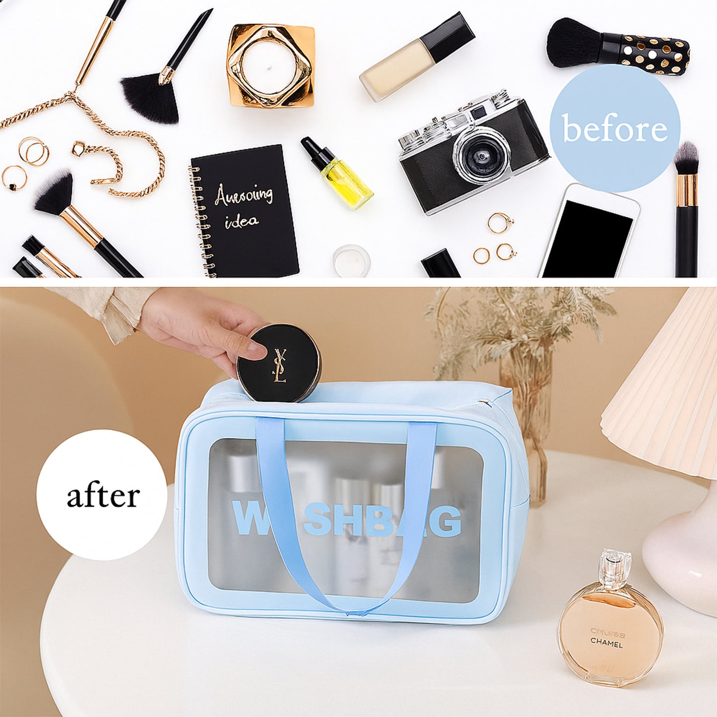 Transparent Wukusy 3-in-1 waterproof travel toiletry bag set with multiple compartments for organized travel essentials.