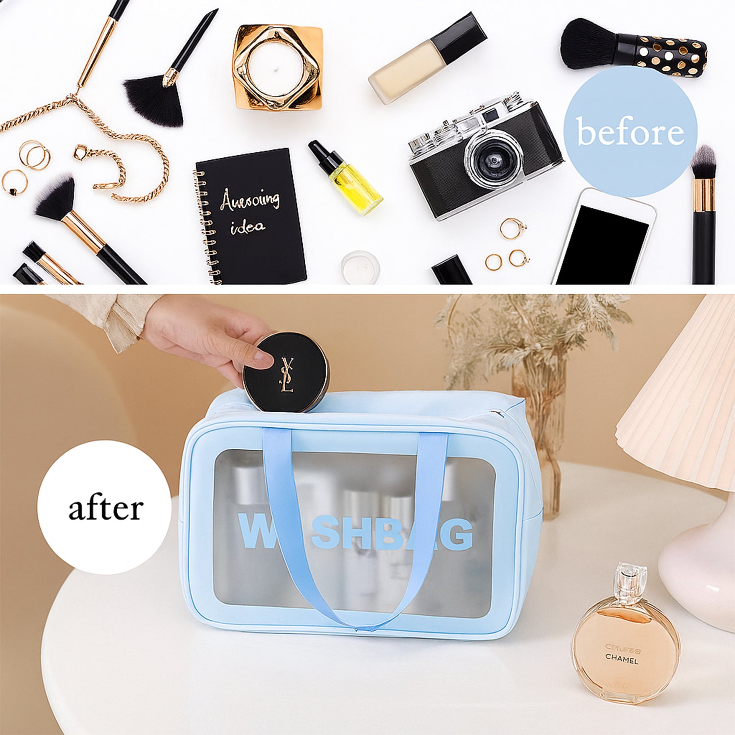 Transparent Wukusy 3-in-1 waterproof travel toiletry bag set with multiple compartments for organized travel essentials.