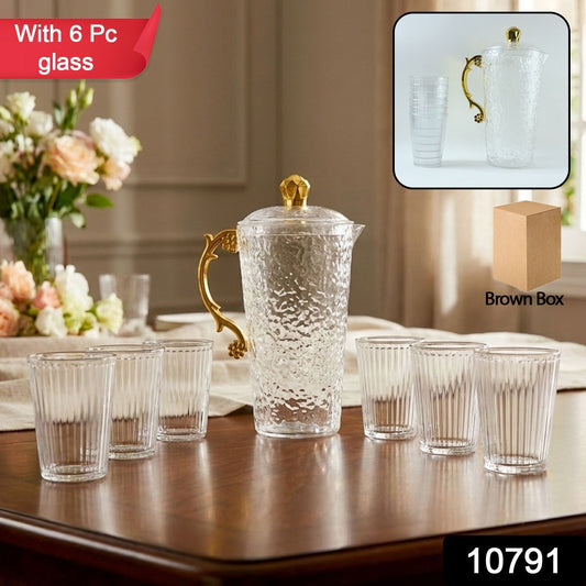 Elegant textured glass water jug with six matching glasses set by Wukusy, showcasing a stylish and durable design for serving drinks.