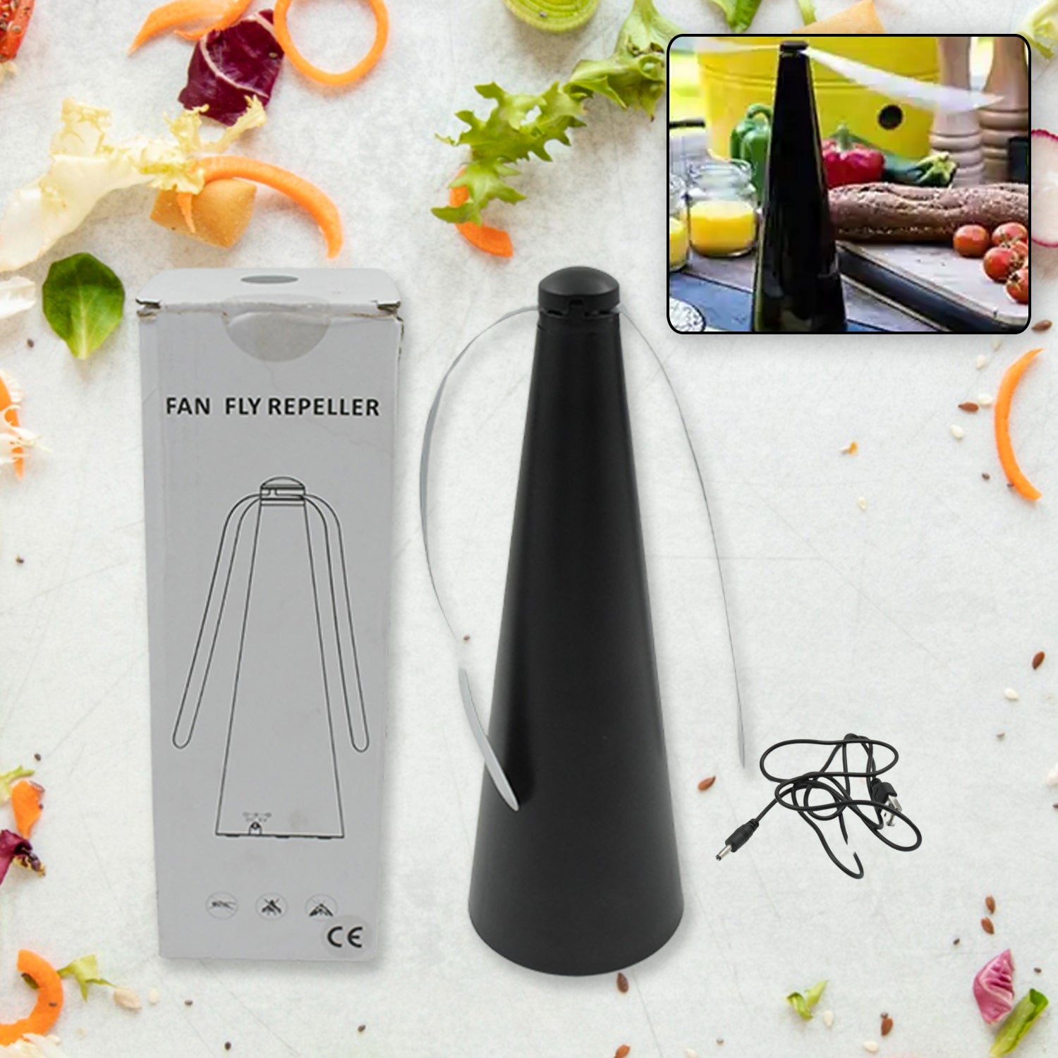 Wukusy 8416 fly protection fan, portable insect fly repellent fan with battery and USB operation, ideal for indoor and outdoor use.