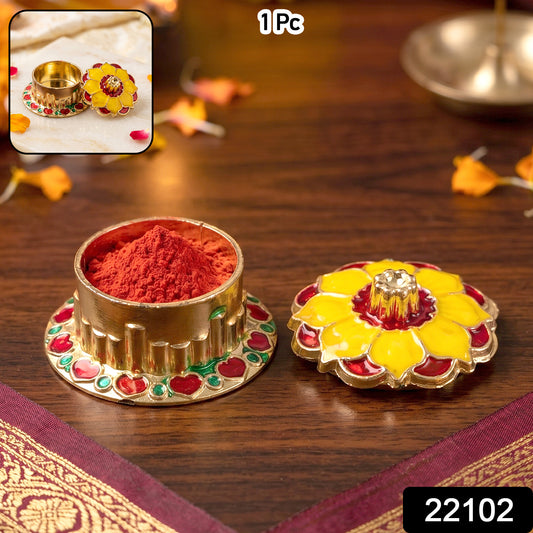 Golden Kankavati Kumkum box with intricate traditional design, decorative Sindoor holder for Pooja, by Wukusy.