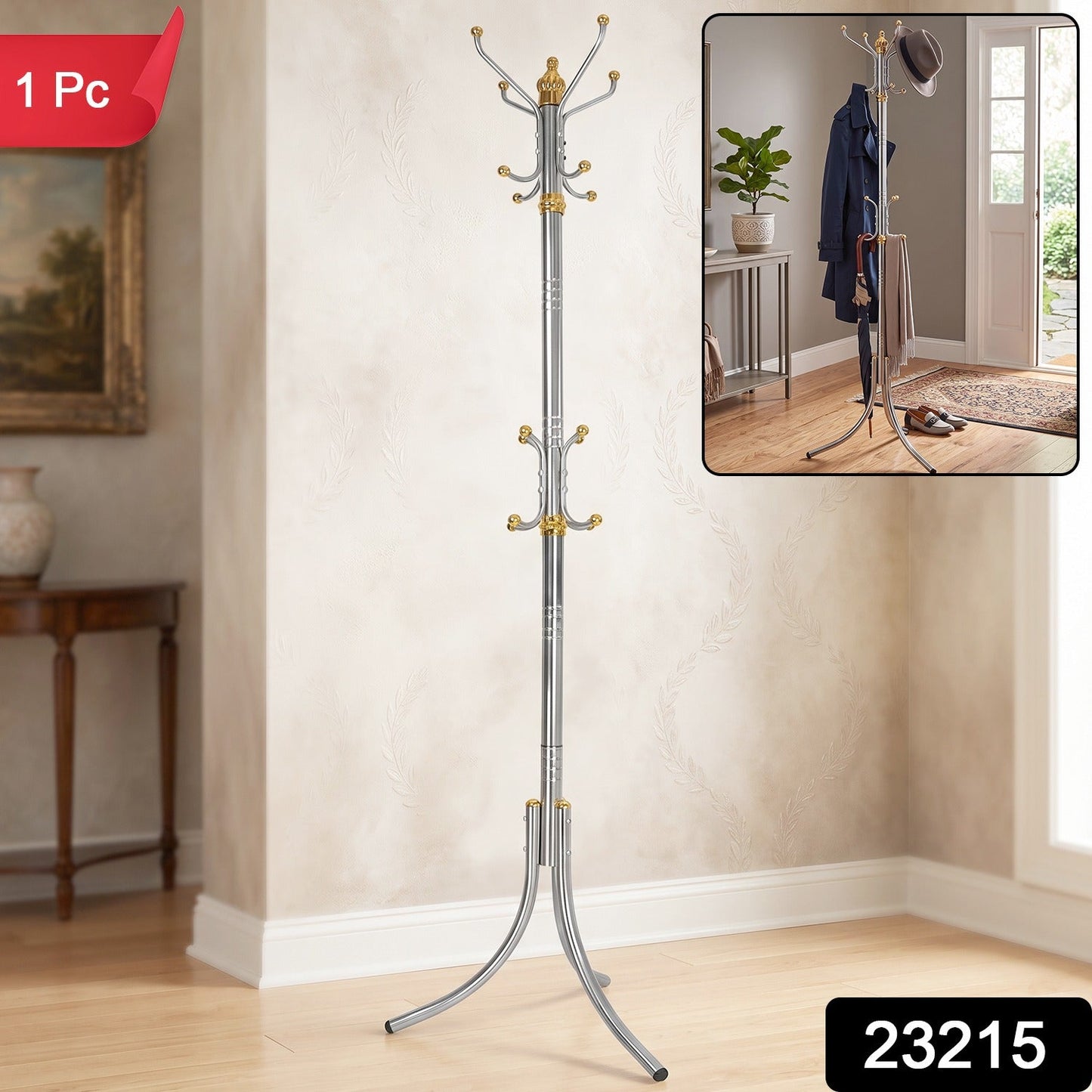Wukusy metal floor-standing coat rack with multiple hooks and a sturdy stand, ideal for organizing clothes and accessories.