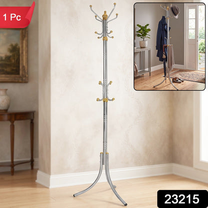 Wukusy metal floor-standing coat rack with multiple hooks and a sturdy stand, ideal for organizing clothes and accessories.