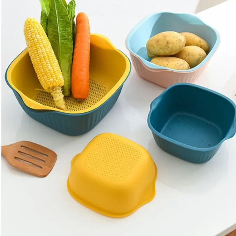 Ekom plastic kitchen washing bowl with integrated strainer and drainer basket for home kitchen use.