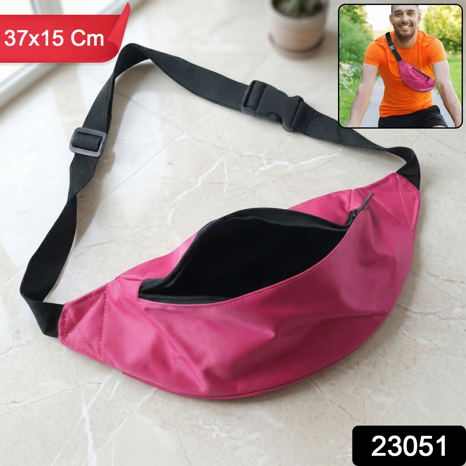 Wukusy adjustable waist bag, lightweight travel fanny pack with zipper, worn around the waist, in black fabric with multiple compartments.