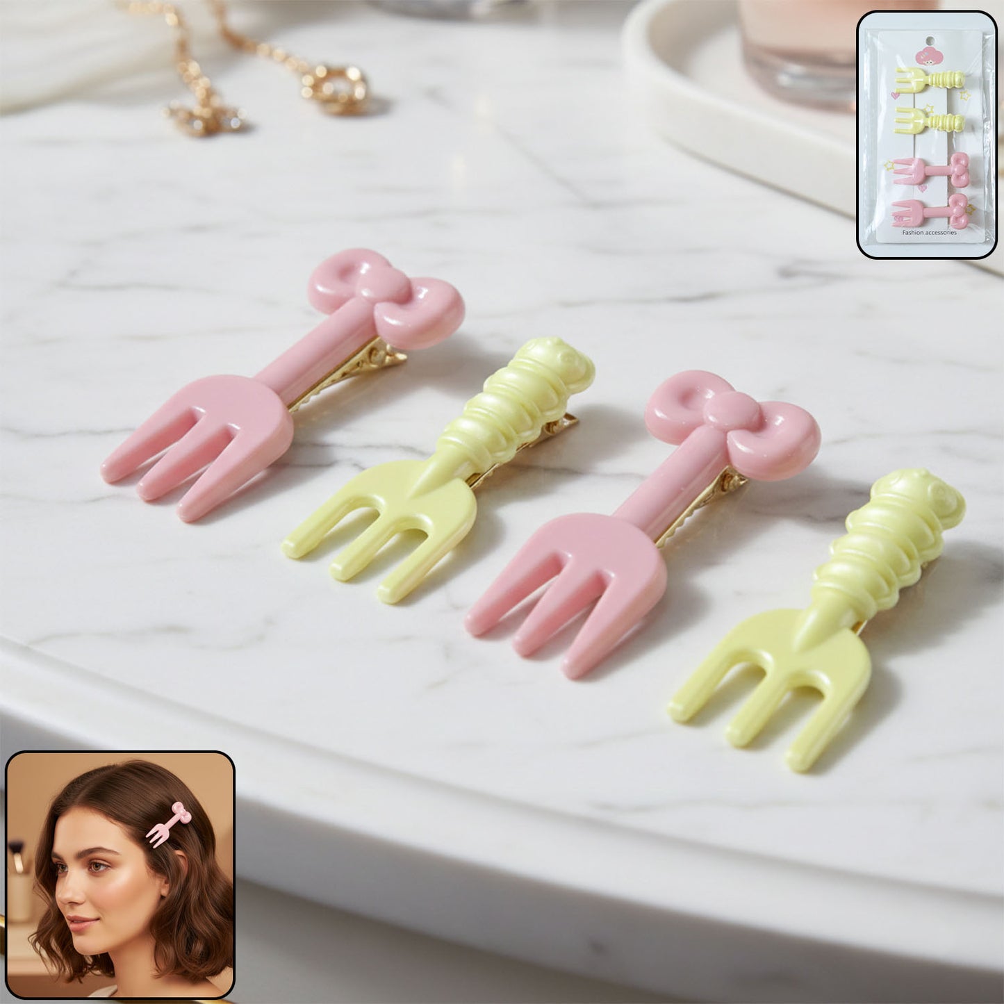 Set of four mini hair clips shaped like forks by Wukusy, perfect for girls and women, shown arranged on a plain background.