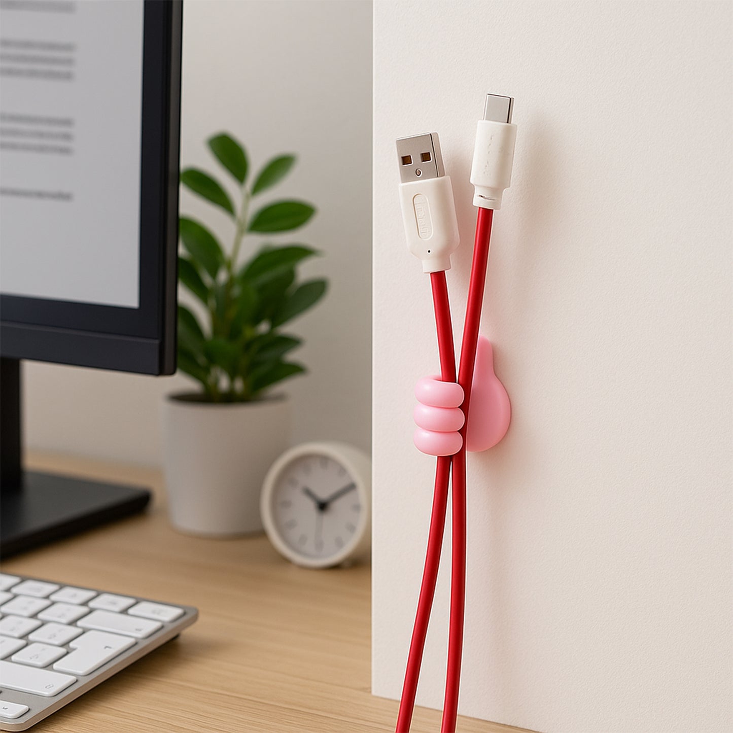 Pink multifunctional hand-shaped wall clip hanger by Wukusy for keys, cables, and small items, mounted on a wall.