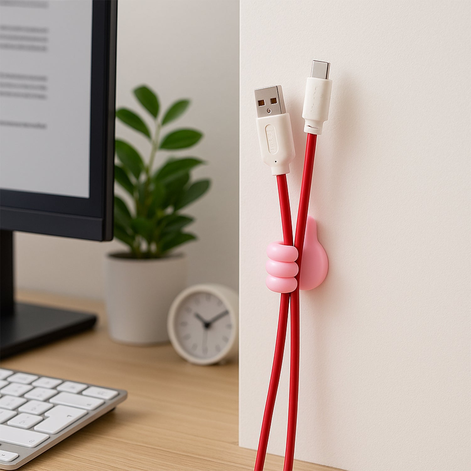 Pink multifunctional hand-shaped wall clip hanger by Wukusy for keys, cables, and small items, mounted on a wall.
