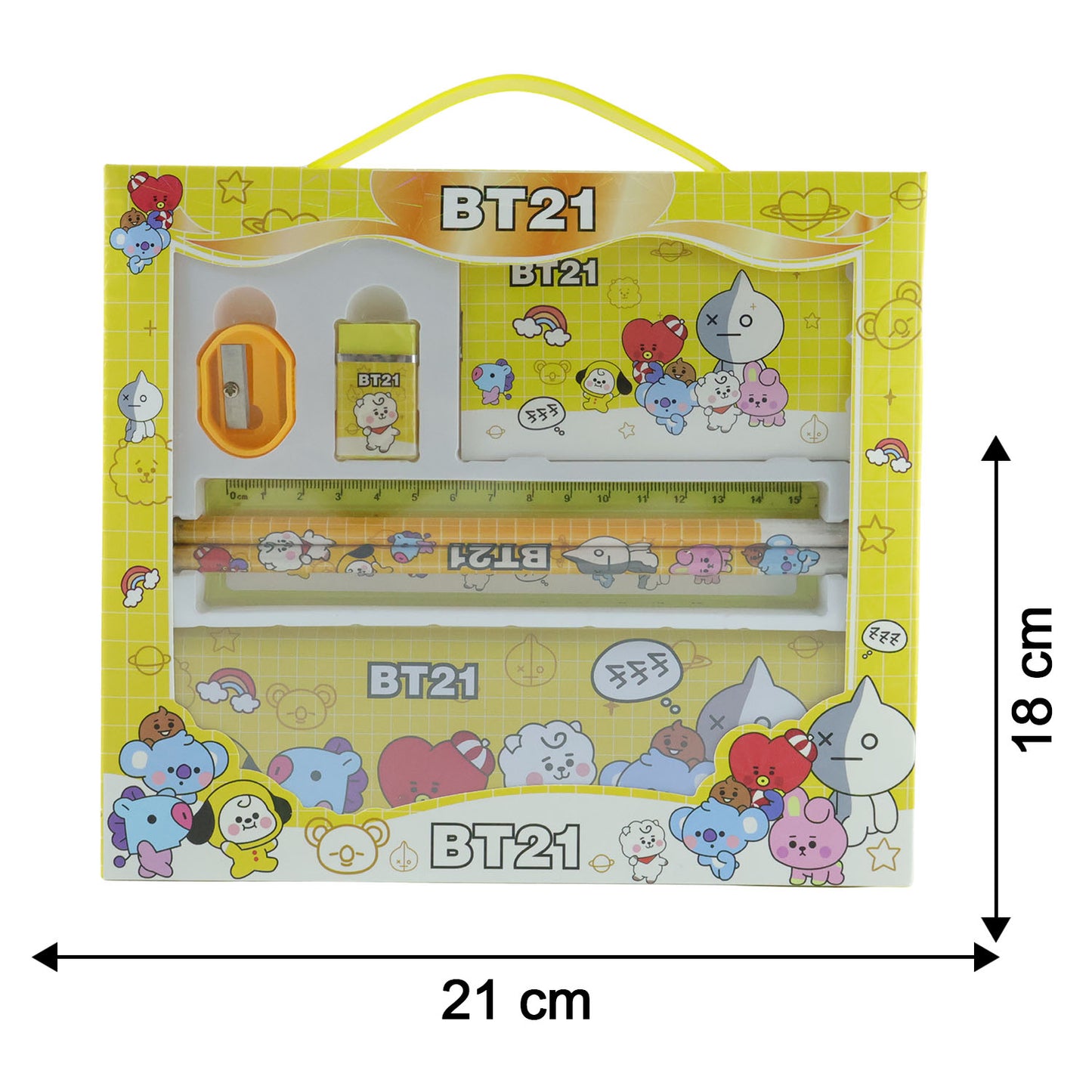 Wukusy premium cartoon printed pencil box with stationery set, featuring colorful designs and compartments for school supplies.