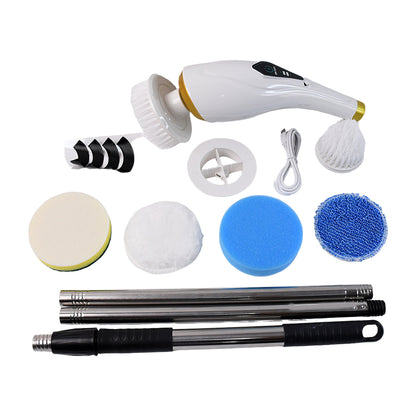 Wukusy 11-in-1 electric spin scrubber for home improvement, showing its versatile cleaning brushes and ergonomic design.