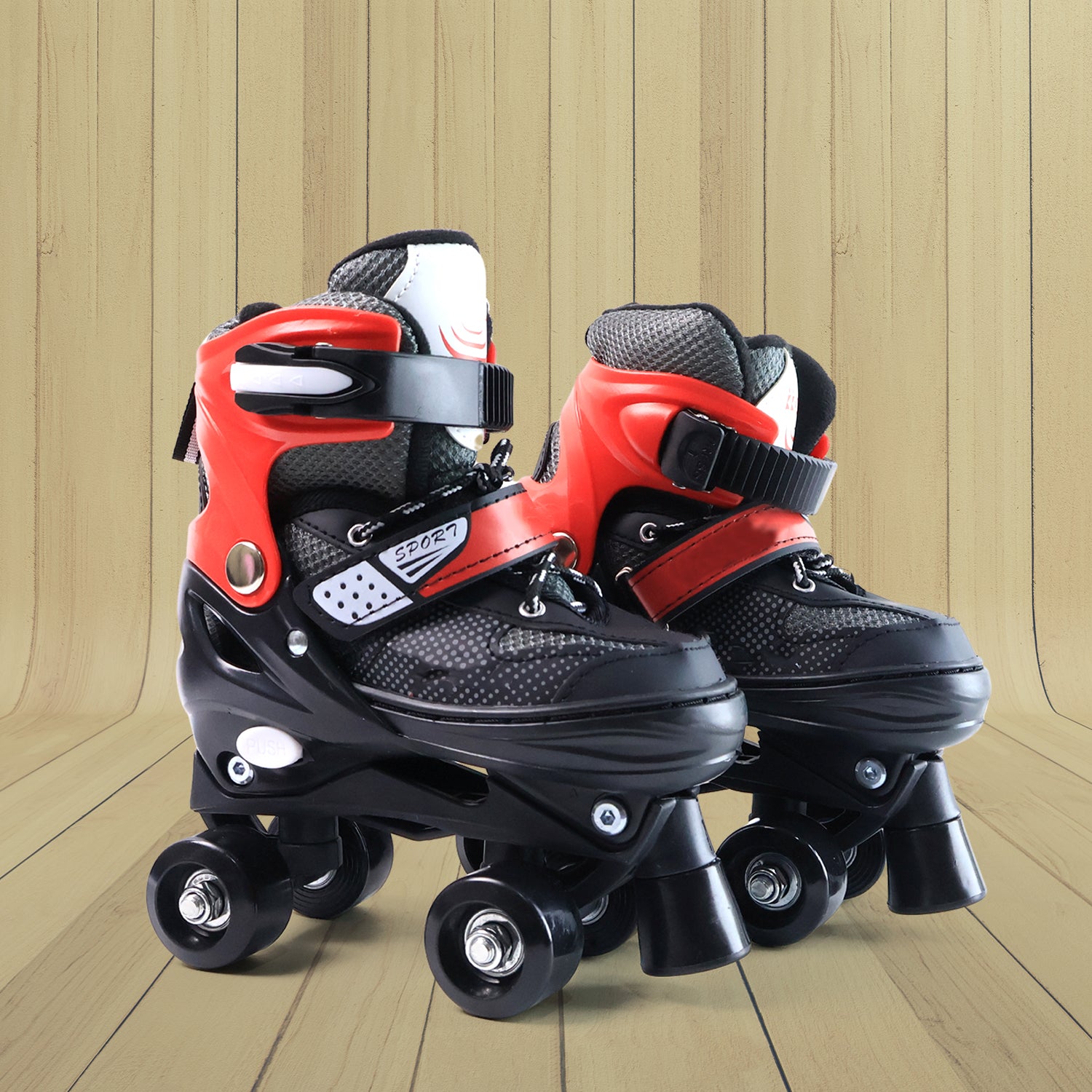 Kids' adjustable quad roller skates by Wukusy with four wheels, blue and white design, featuring secure straps and cushioning for comfort.