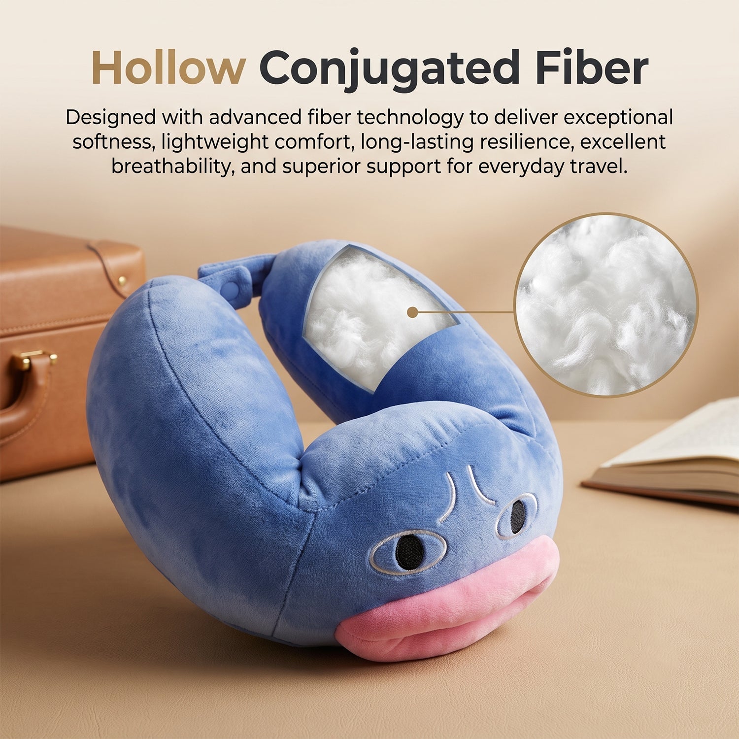 Blue U-shaped neck pillow by Wukusy featuring a cute character design for comfortable travel and soft support.