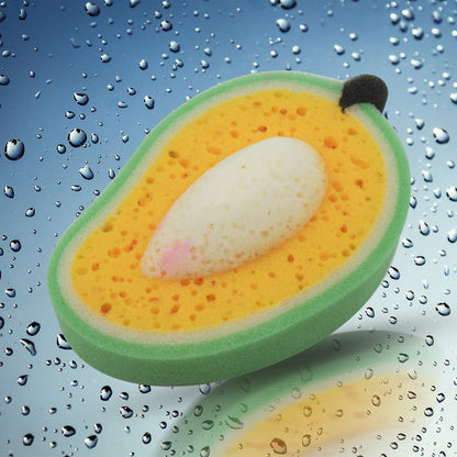 Wukusy mango-shaped kitchen cleaning sponge with dish washing pad for household dish and bath cleaning, single piece.