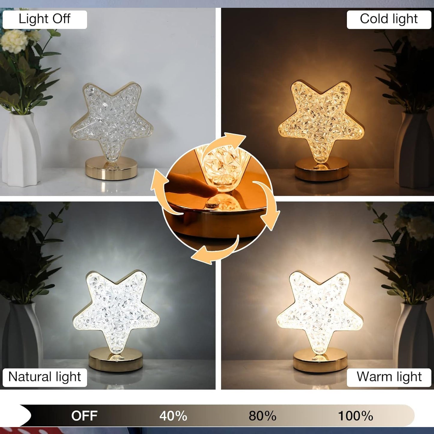 Wukusy star-shaped crystal diamond cordless lamp with USB recharge, 3-way dimmable touch control, ideal for bedroom or living room decor
