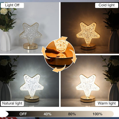 Wukusy star-shaped crystal diamond cordless lamp with USB recharge, 3-way dimmable touch control, ideal for bedroom or living room decor