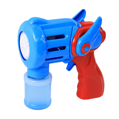Wukusy rechargeable bubble gun toy for kids with colorful design, set includes bubble solution and multiple bubble wands.