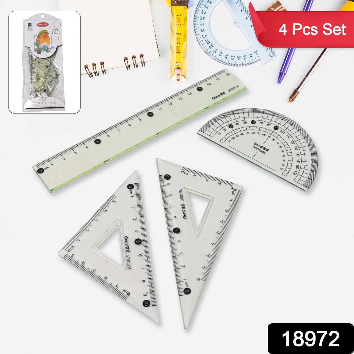 Wukusy 4-piece office geometry set with triangle ruler, protractor, and straight ruler, perfect for precise measurements and drawing.