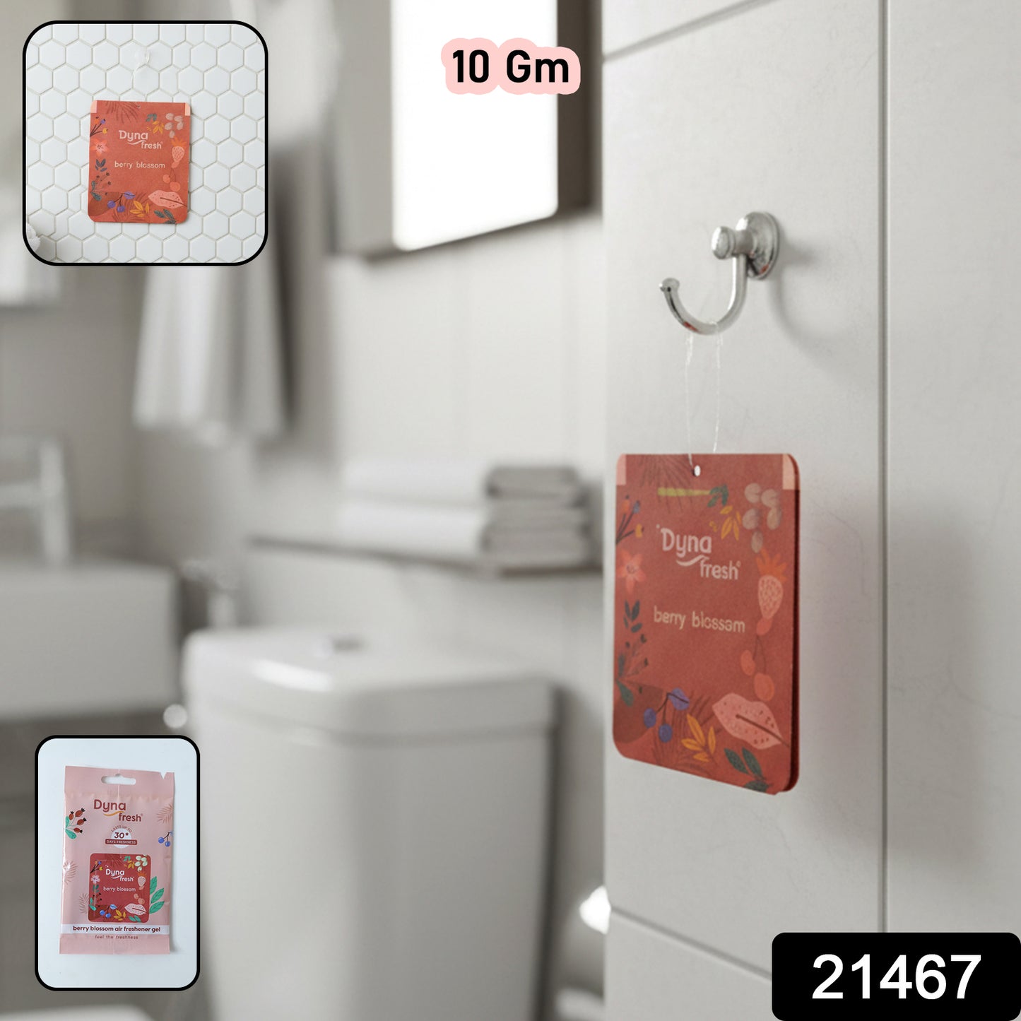 Wukusy hanging bathroom air freshener gel with berry blossom scent, 10g, displayed in a clear container.