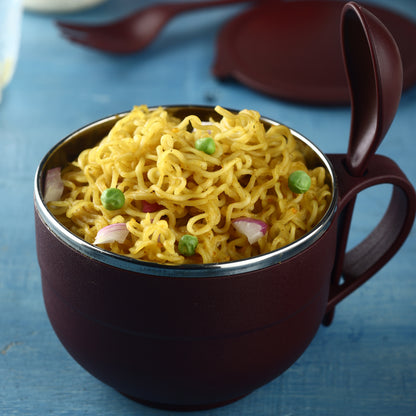 Wukusy 8130 stainless steel noodle soup bowl with spoon and fork handles and holder, perfect for home and kitchen use.
