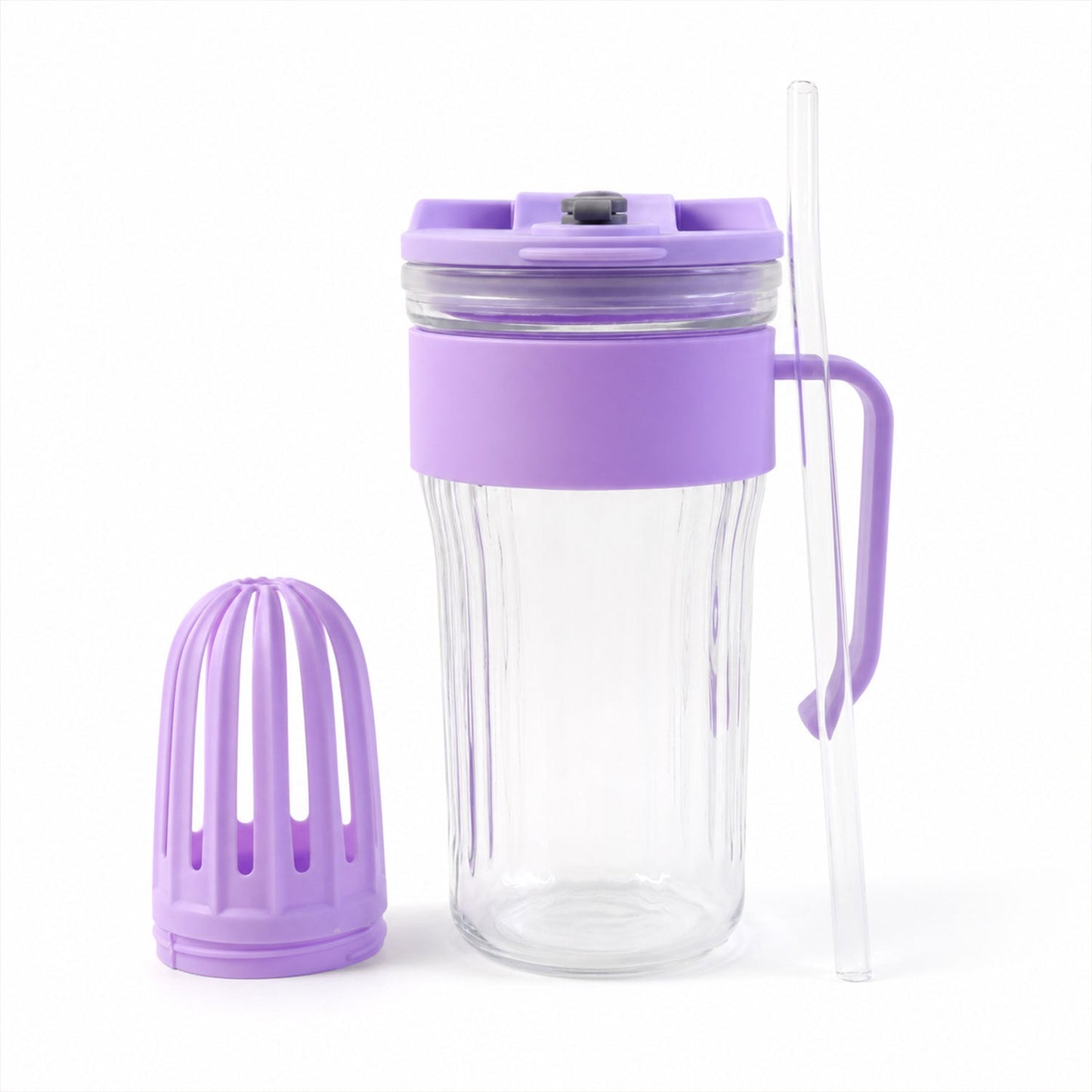Wukusy glass tumbler with lid, straw, and handle for cold beverages and juice, featuring clear glass design and black lid.