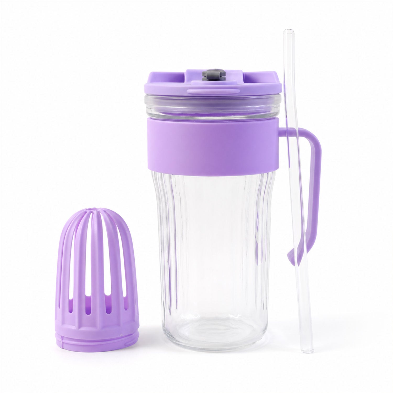 Wukusy glass tumbler with lid, straw, and handle for cold beverages and juice, featuring clear glass design and black lid.