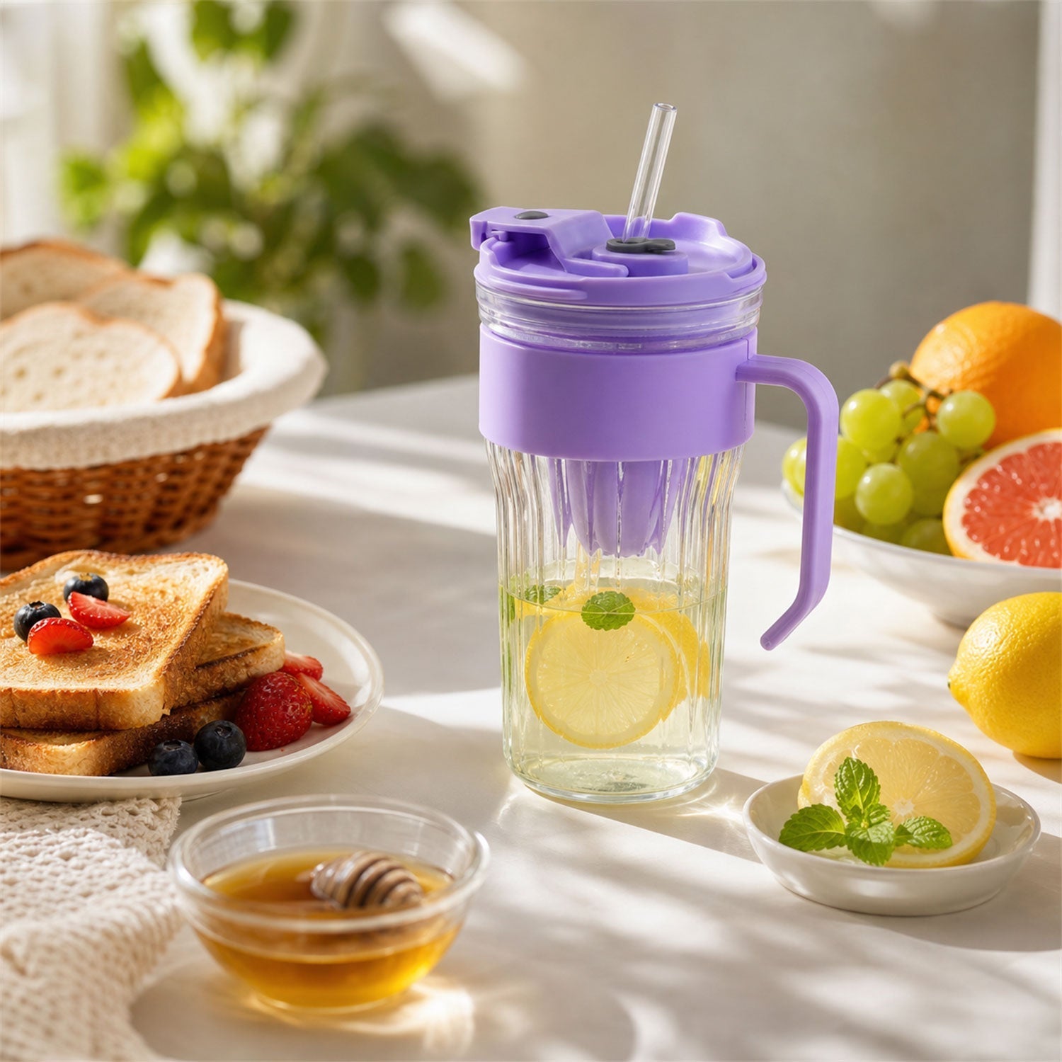 Wukusy glass tumbler with lid, straw, and handle for cold beverages and juice, showcasing a clear, durable design with a straw and lid.