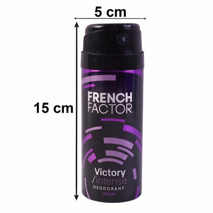 Wukusy French Factor Victory Intense deodorant body spray bottle, 150ml, with sleek design and brand logo visible.
