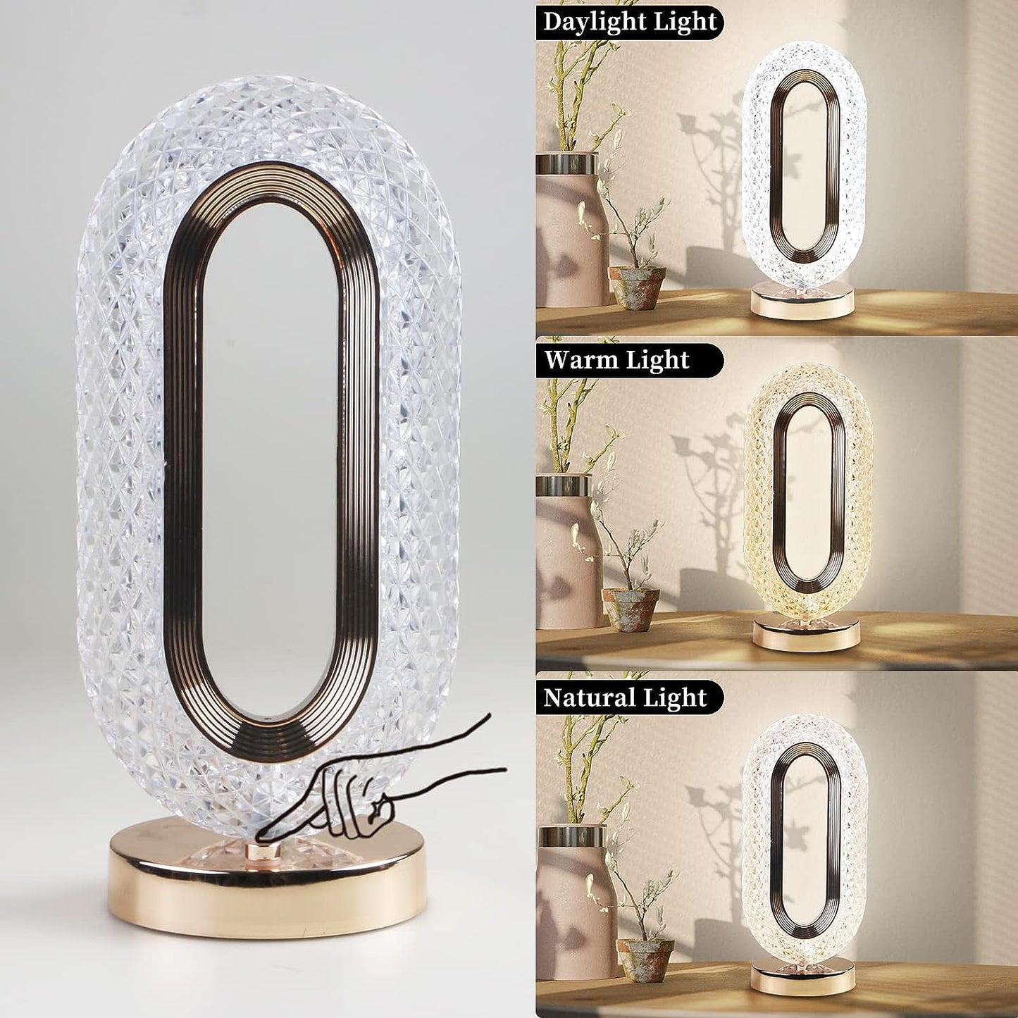 Wukusy 6878 touch control crystal table lamp with 3-way dimmable light, USB rechargeable, decorative nightstand or desk lamp.