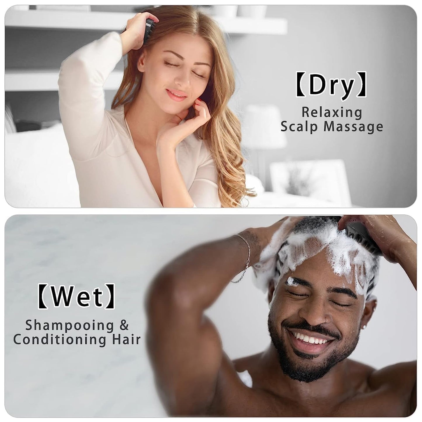 Wukusy 3-in-1 silicone scalp massager brush for face, hair, and body cleansing with soft bristles, shown in use on skin and hair.