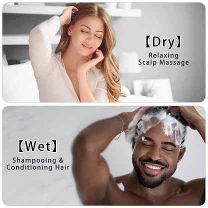 Wukusy 3-in-1 silicone scalp massager brush for face, hair, and body cleansing with soft bristles, shown in use on skin and hair.