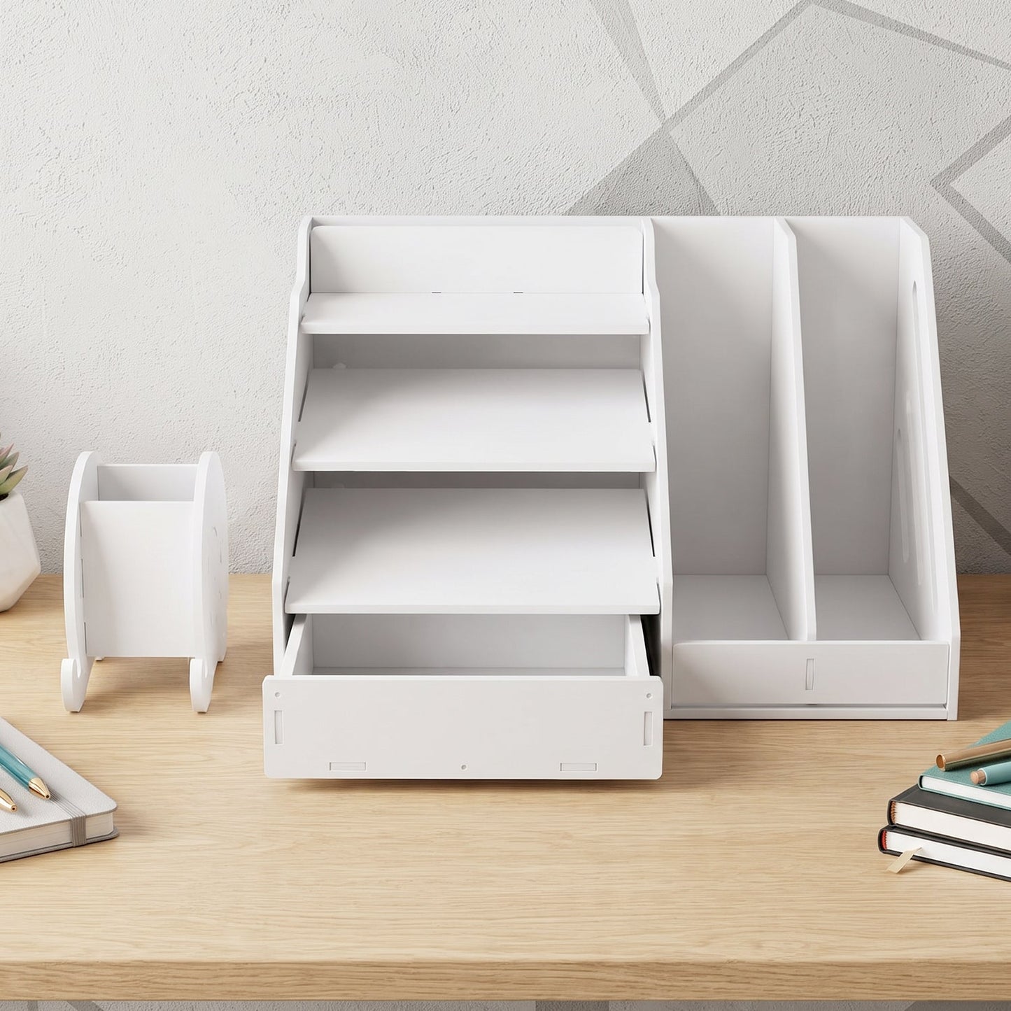 Wukusy multifunctional desk organizer with drawer and file rack, shown in a modern office setup with organized storage compartments.