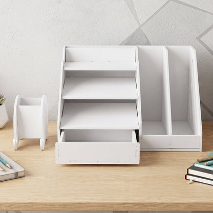 Wukusy multifunctional desk organizer with drawer and file rack, shown in a modern office setup with organized storage compartments.