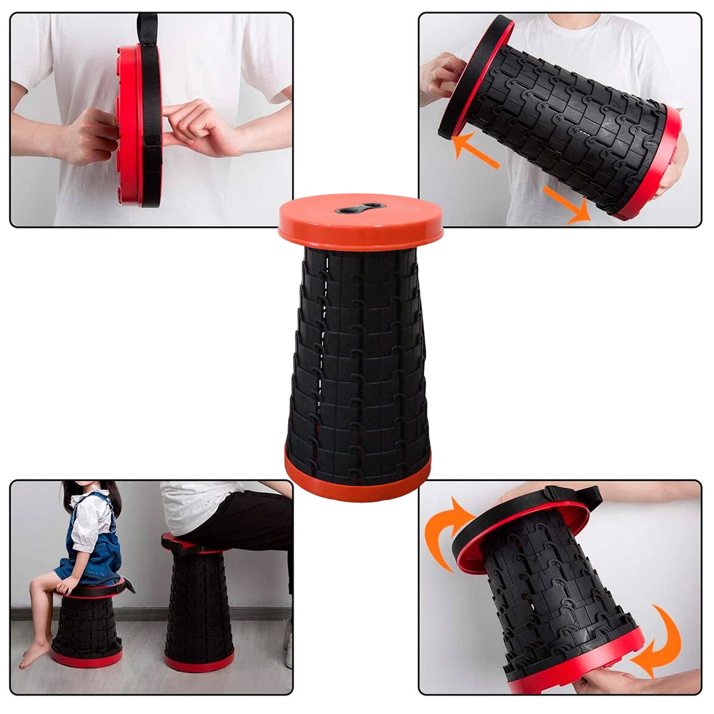 Wukusy retractable folding stool for home improvement, showing compact design and sturdy frame in a home setting.