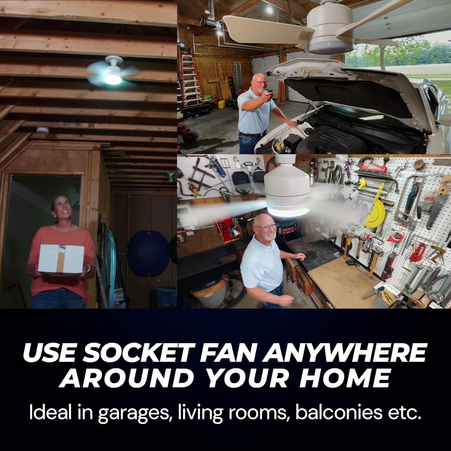 Wukusy Socket Fan Light with cool LED, ceiling fan with remote, 1000 lumens, 5000K daylight, suitable for bedroom, kitchen, living room