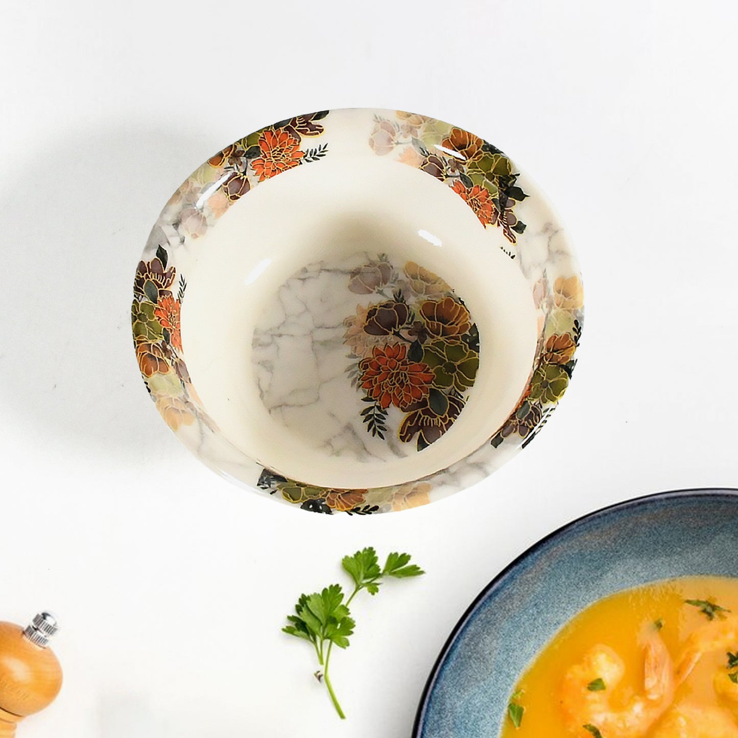 Wukusy 6-piece plastic dinner set with floral design, including plates, bowls, and serving spoons, microwave and dishwasher safe