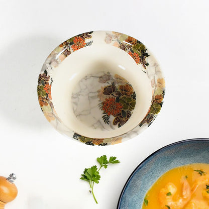 Wukusy 6-piece plastic dinner set with floral design, including plates, bowls, and serving spoons, microwave and dishwasher safe
