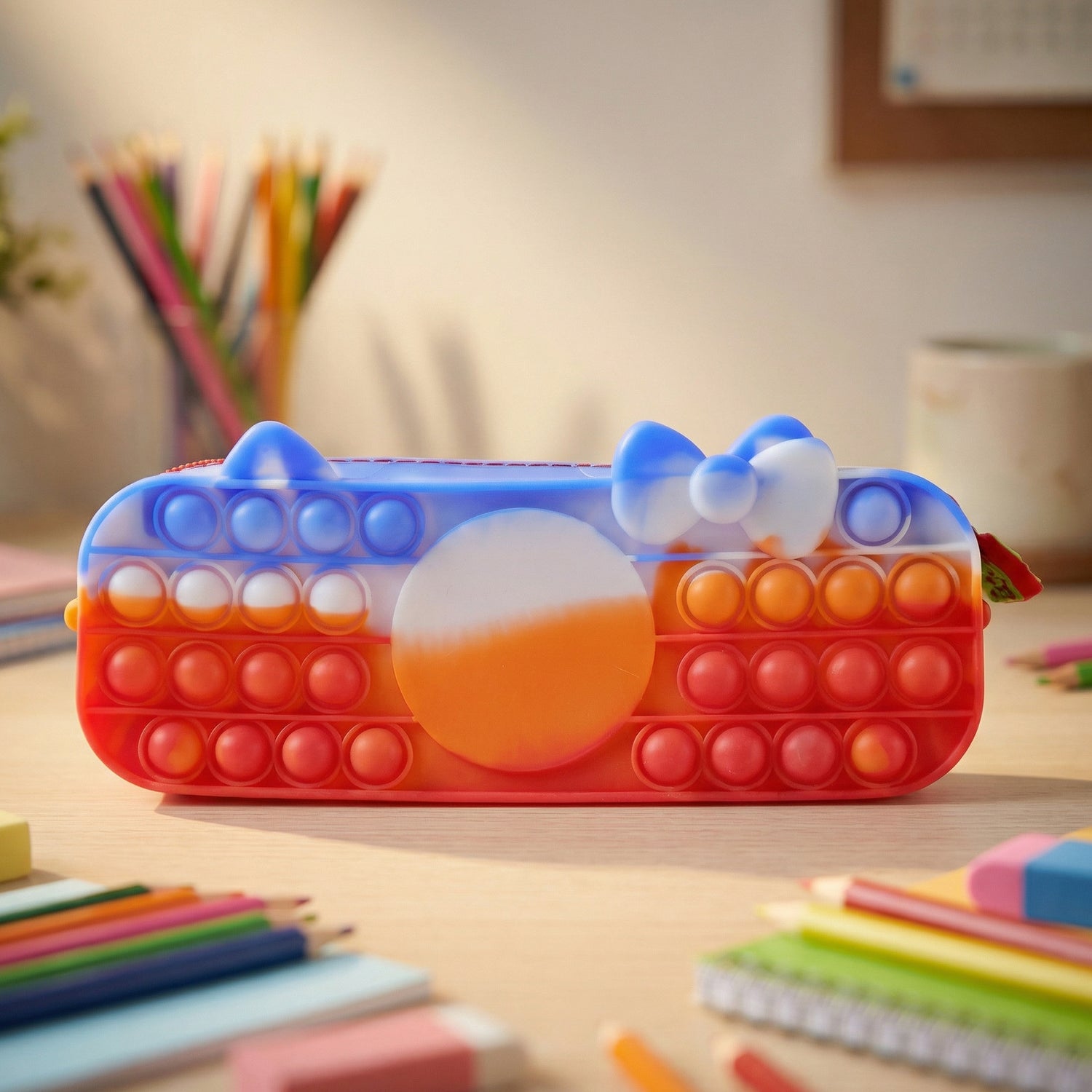 Wukusy multifunction Pop It pencil pouch with colorful silicone bubbles, compact design for stationery storage.